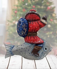 G.DeBrekht Woodcarved Hand Painted Silver Treasure Fish Santa Figurine