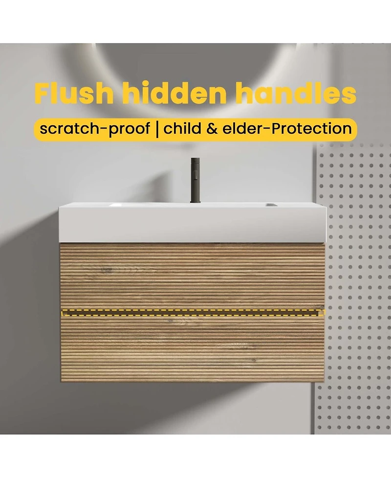 Sillysis Mid-Century Modern Bathroom Vanity with Oak Grille Double Drawers