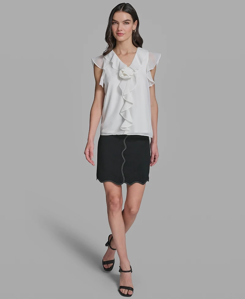 Karl Lagerfeld Paris Petite Rosette V-Neck Ruffle Top