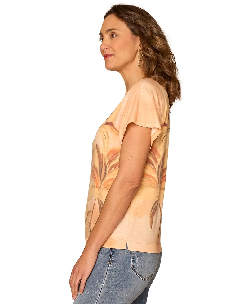 Democracy Petite Short-Sleeve Crewneck Embroidery Detail Knit T-Shirt