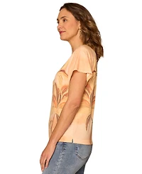 Democracy Petite Short-Sleeve Crewneck Embroidery Detail Knit T-Shirt