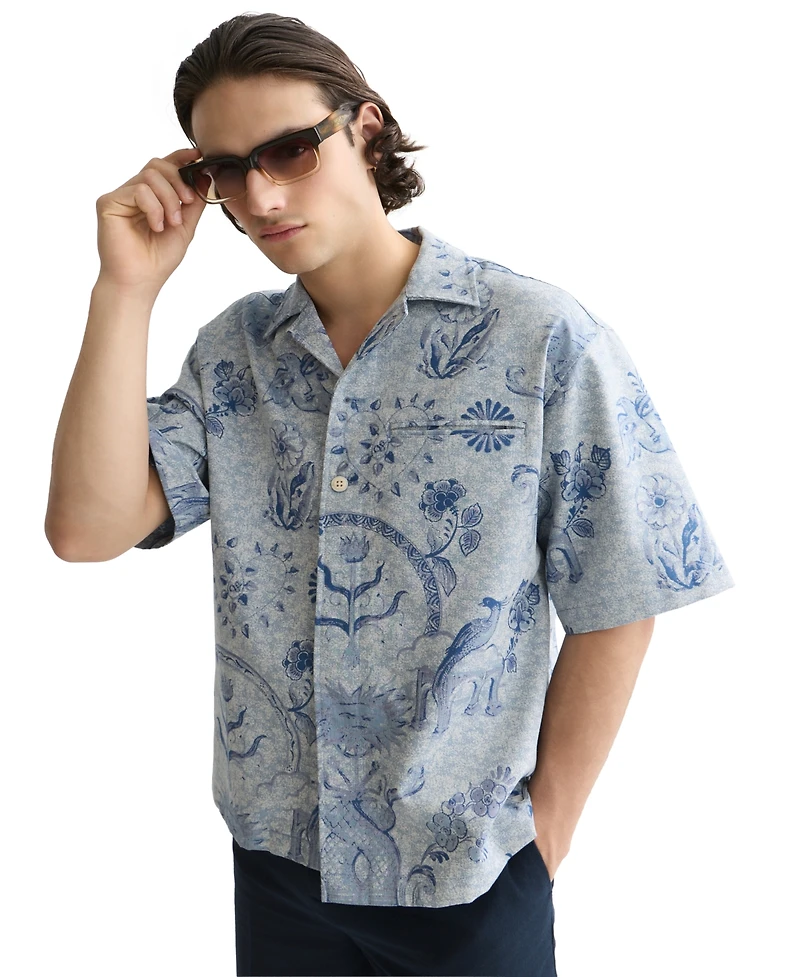 Scotch & Soda Men's Jacquard Spread Collar Short-Sleeve Shirt
