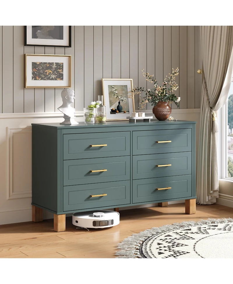 Rainsken 6-Drawer Dresser for Bedroom, 47.24'' Modern Chest of Drawers with Metal Handles and Solid Wood Legs, Storage Organizer for Living Room