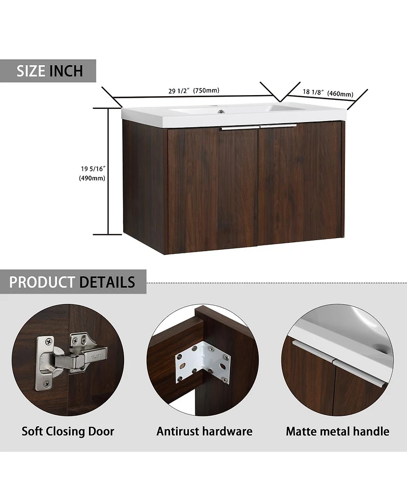 Sillysis Floating Bathroom Vanity with Resin Sink, Modern Plywood Cabinet