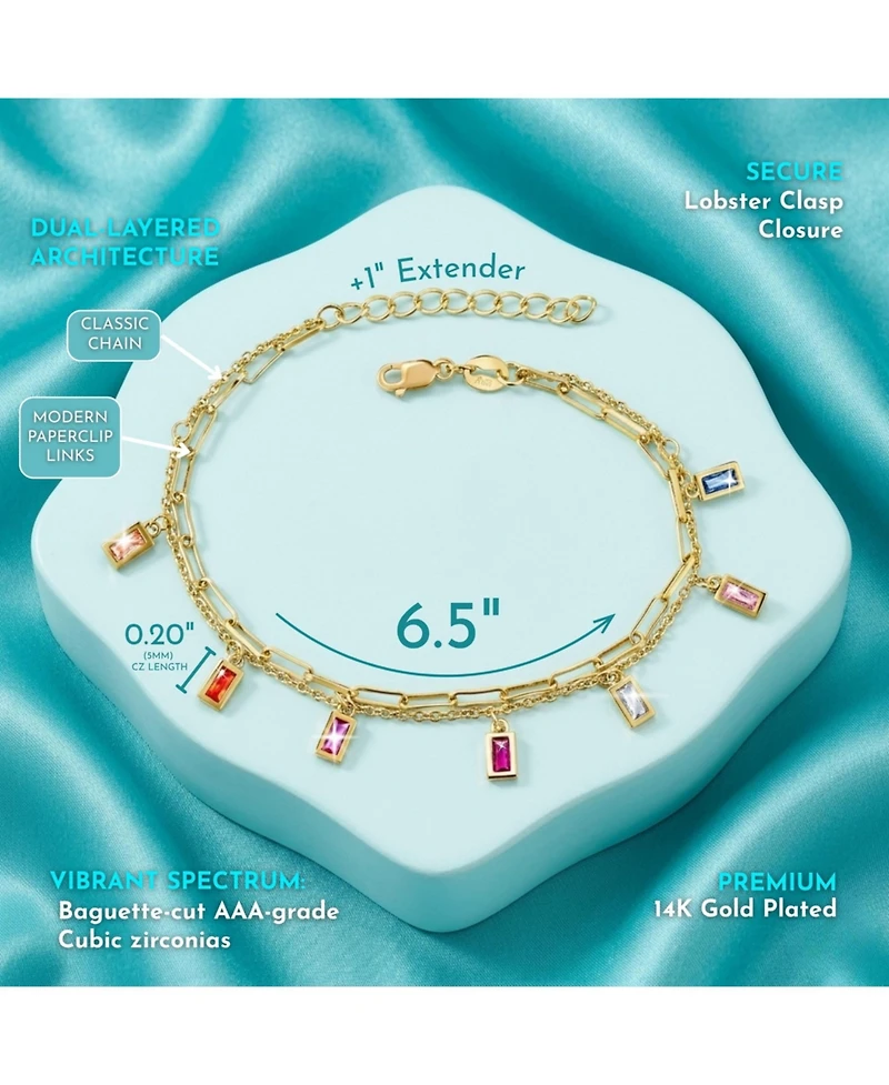 GiGiGirl 14k Gold Plated with Rainbow Multi-Color Cubic Zirconia Adjustable Birthstone Charm Bracelet