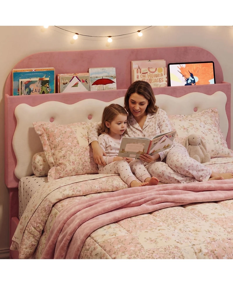 Homfan Velvet Upholstered Bed Frame with Storage Headboard, Footboard Drawer and Wood Slats, Box Spring Not Required