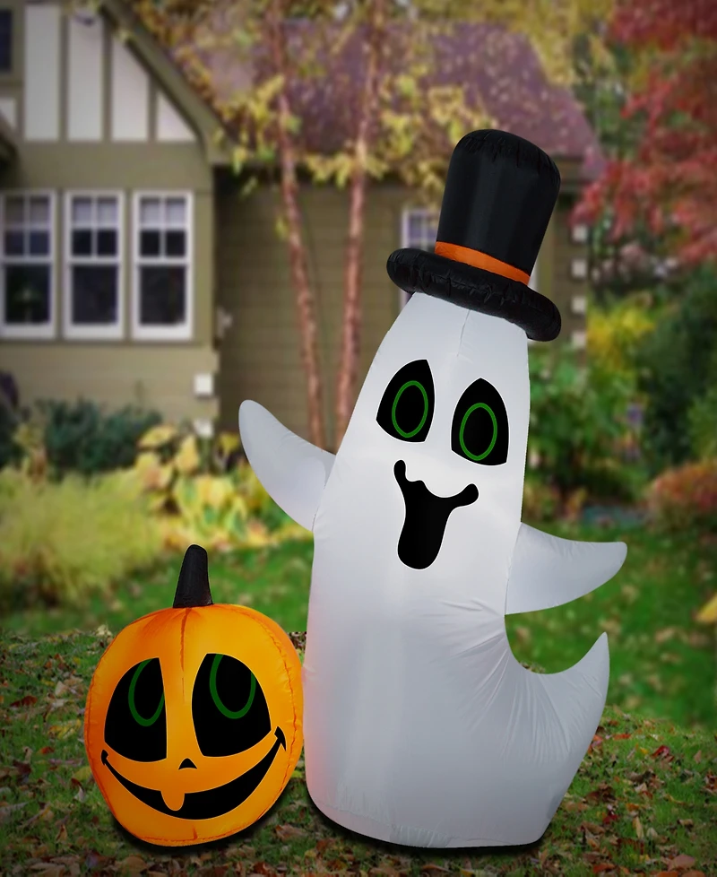 National Tree Company 4' Halloween Inflatable Ghost with Pumpkin Small Scene, Led Lights