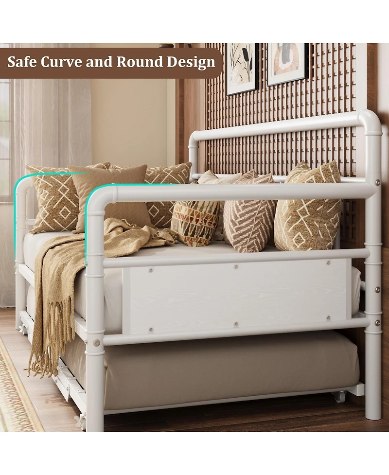 Homfan Twin Metal Daybed Frame with Metal Slats, Round Armrests and Underbed Storage, 78.2 x 41.6 x 41.5