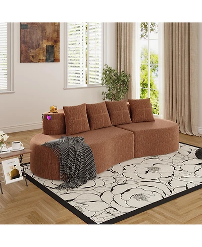 Rainsken Modern 3-Seater Curved Modular Sofa, Half Moon Shaped Chenille Couch with Dual Cup Holders and Storage Side Pockets for Home Use