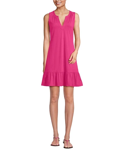 Lands' End Women's Sleeveless Cotton Jersey Notch Neck Flounce Dress