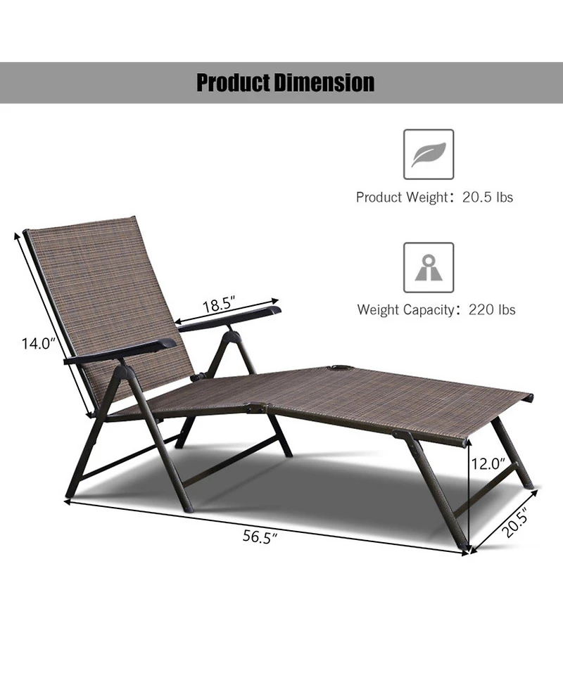 Gouun Folding Patio Chaise Lounge Chair with 5 Reclining Positions