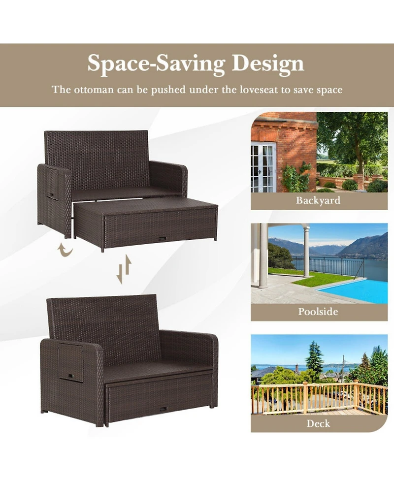 Gouun Outdoor Rattan Daybed Loveseat with 4-Position Backrest and Retractable Side Trays