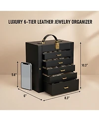 Yigii Extra Large 6-Tier Jewelry Organizer with Mirror 5 Drawers Leather Storage Case for Women