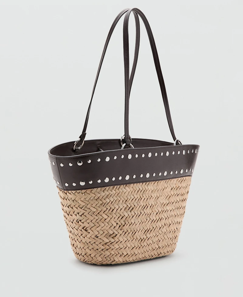 Mango Women's Studs Raffia Shopper Bag
