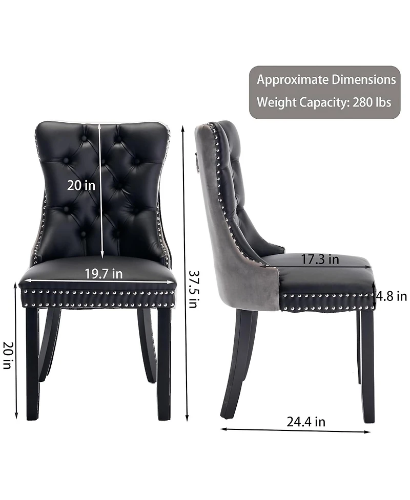 Rainsken Dining Chairs Set of 2, Modern Pu and Velvet Upholstered Kitchen with Wood Legs, Nailhead Trim Button Design for Room
