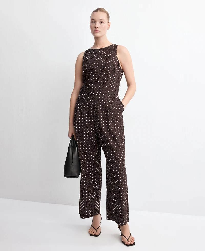 Mango Women's Polka-Dot Belted Linen Jumpsuit
