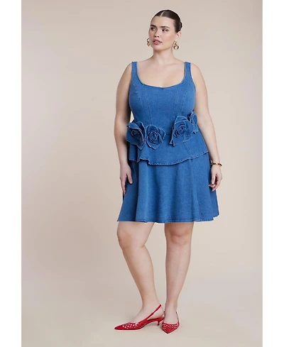 Eloquii Women's Denim Flower Applique Mini Dress