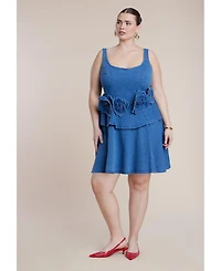 Eloquii Women's Denim Flower Applique Mini Dress