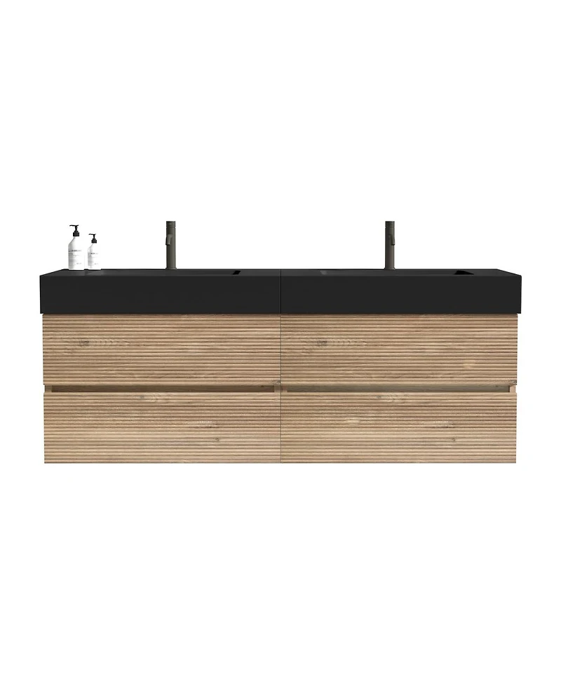 Sillysis Mid-Century Modern Bathroom Vanity with Double Drawers, Quartz Basin