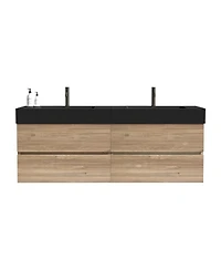 Sillysis Mid-Century Modern Bathroom Vanity with Double Drawers, Quartz Basin