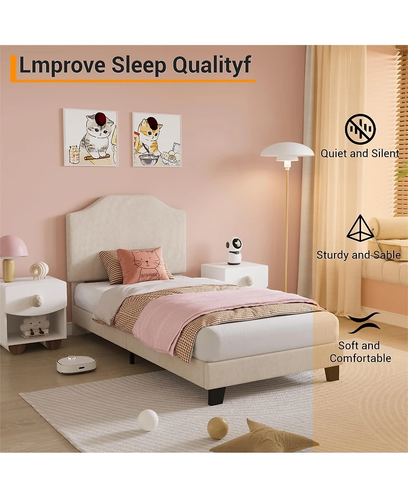Homfan Modern Corduroy Headboard Bed Frame for Kids - Sturdy, Noise-Free Platform, No Box Spring Needed Easy Assembly Ideal Boys and Girls