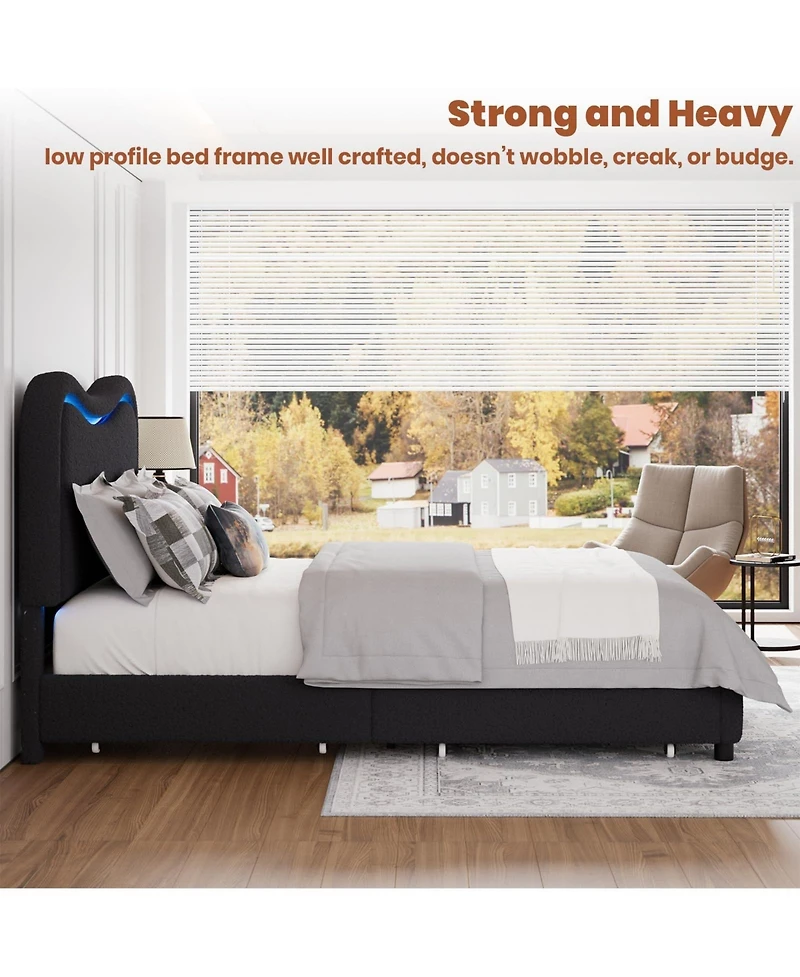 Homfan Boucle Upholstered Bed Frame with 2 Storage Drawers, Led Headboard and Wood Slats