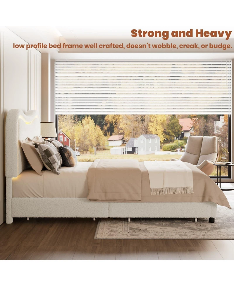 Homfan Boucle Upholstered Bed Frame with 2 Storage Drawers, Led Headboard and Wood Slats