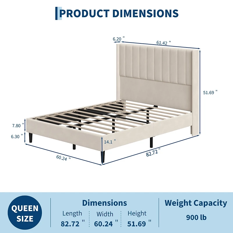 homfan Upholstered Platform Bed Frame - 52" Velvet Tufted Wingback Headboard, Vertical Channel Design, Wooden Slat Support