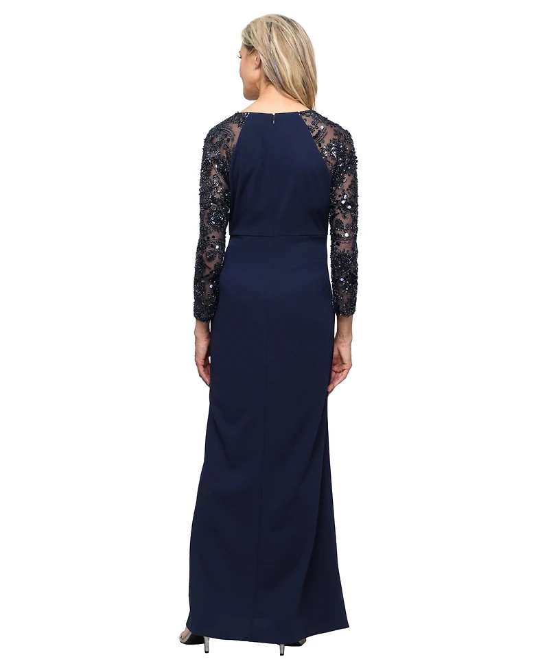 Sl Fashions Women's Long Stretch Crepe V-Neck Dress with Beaded Illusion-Sleeve