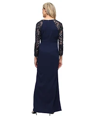 Sl Fashions Women's Long Stretch Crepe V-Neck Dress with Beaded Illusion-Sleeve
