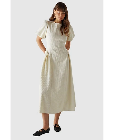 Warehouse Women's Seersucker Puff Sleeve Midi Dress