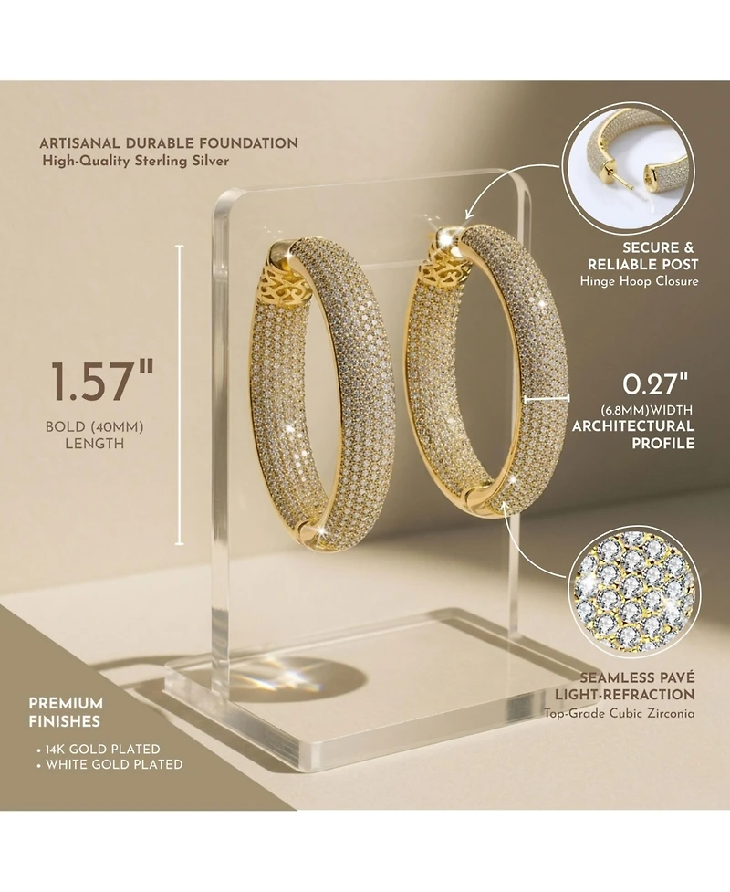 Ra Rhodium Plated Clear Round Cubic Zirconia Pave Hoop Earrings