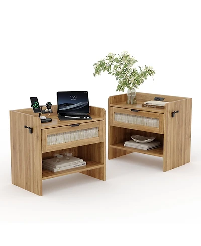 gaomon Home Set of 2 Engineered Wood Rattan Nightstands, Storage End Tables