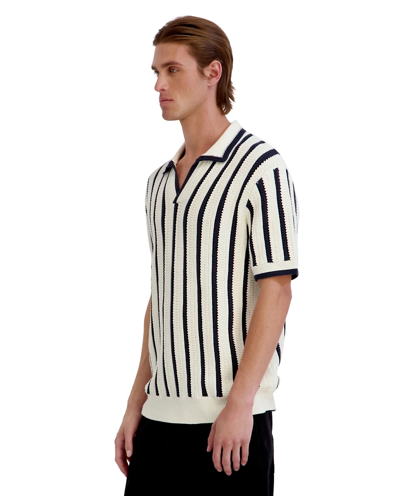 Karl Lagerfeld Paris Men's Open Weave Stripe Johnny Sweater Polo Shirt