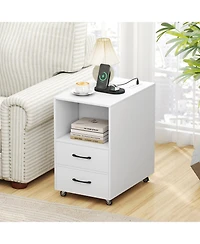 Gymax End Table w/Built-in Charging Station Usb Ports and Outlets 2 Drawers 3 Shelves Natural