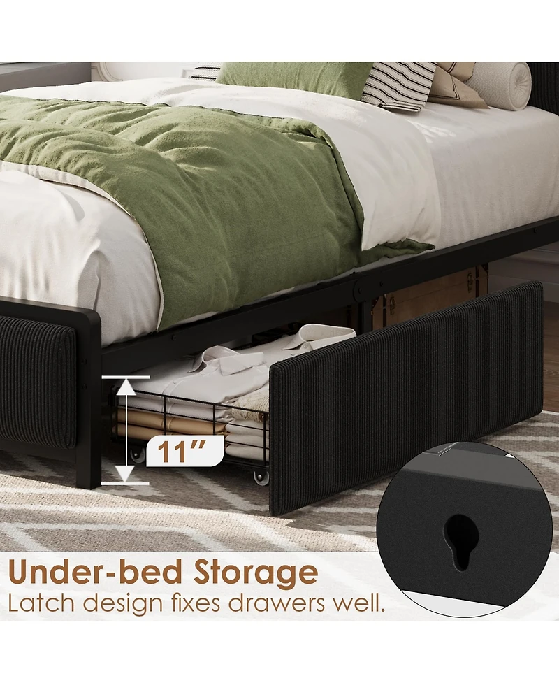 Homfan Upholstered Bed Frame with Storage Headboard, 2 Drawers and Charging Station