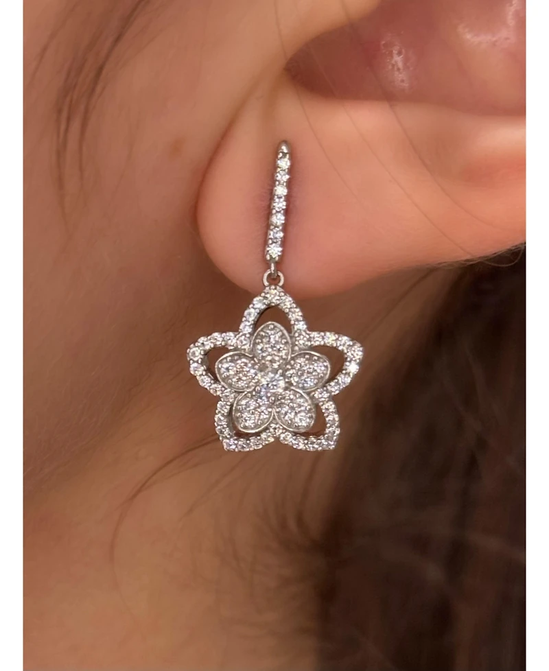 Suzy Levian New York Sterling Silver Pave Cubic Zirconia Flower Halo Drop Dangle Earrings