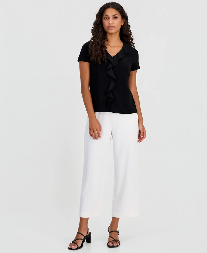 Anne Klein Essentials Petite Ruffle-Trim V-Neck Top