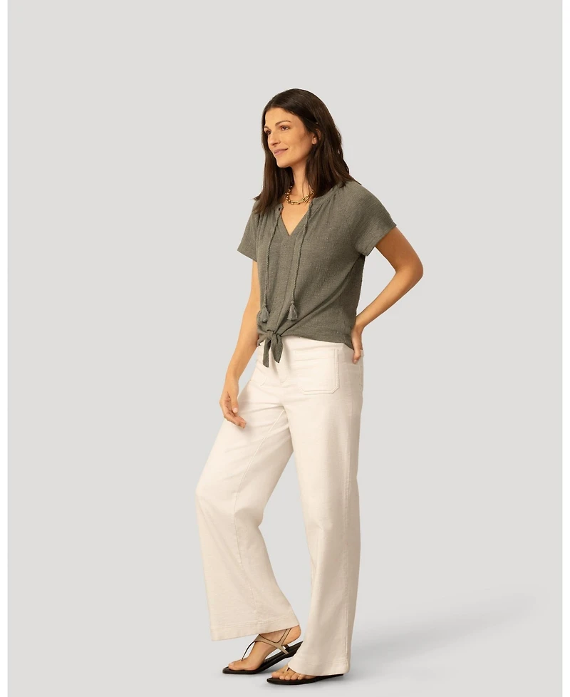 Cable & Gauge Women's Embroidered Split Neck Tie Top