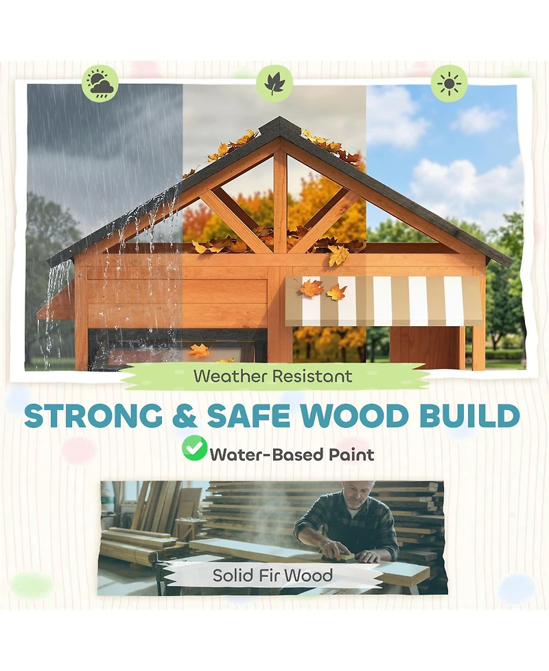 Qaba Outdoor Playhouse, Wooden Kids Playhouse with Play Kitchen and Bench