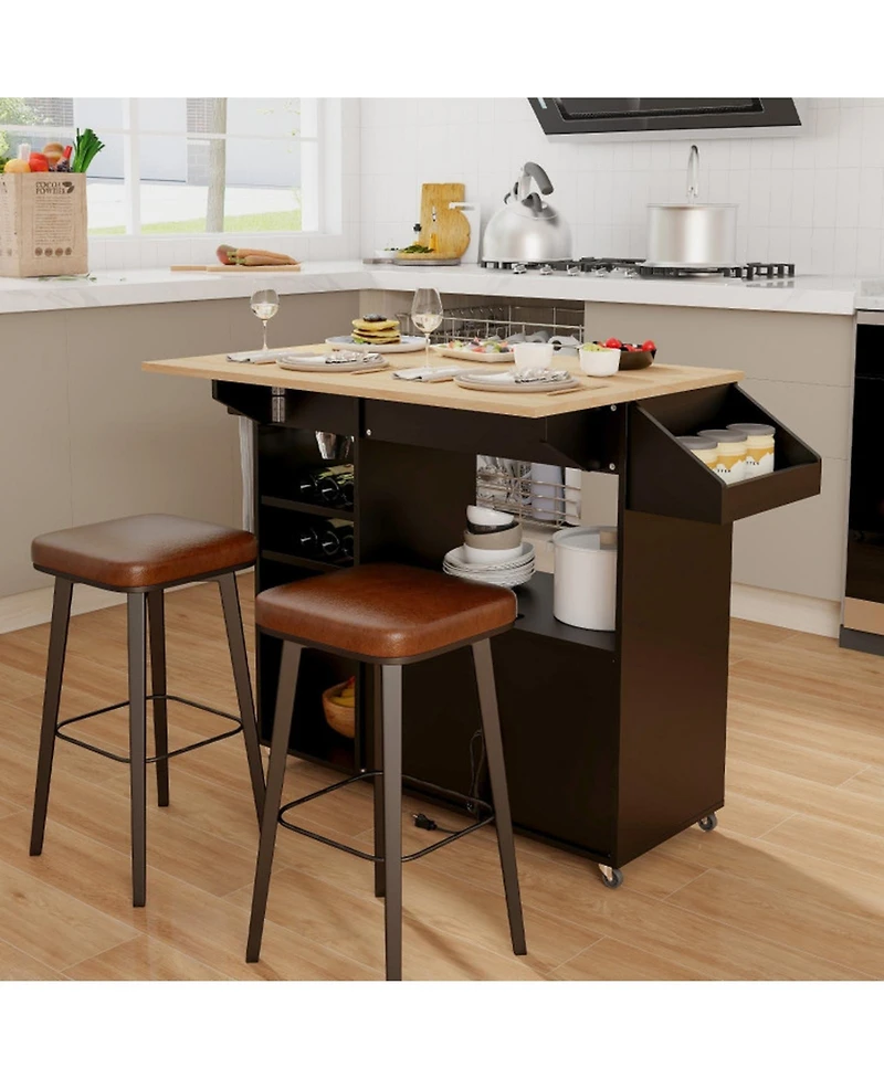 Gouun Drop-Leaf Mobile Kitchen Island Cart with Power Strip and Adjustable Shelf