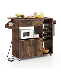 Gouun Drop-Leaf Mobile Kitchen Island Cart with Power Strip and Adjustable Shelf