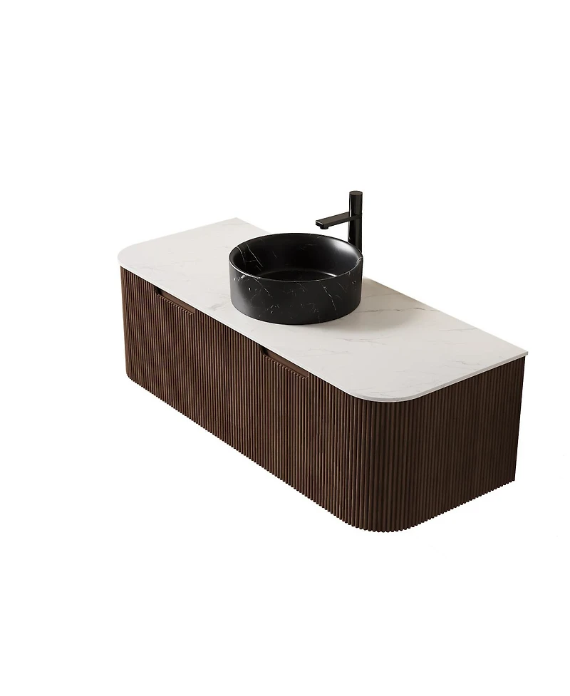 Sillysis Wall Mounted Bathroom Vanity, Ceramic Vessel Sink, Carrara Sintered Stone Top, Soft Close Drawer, Pre-assembled
