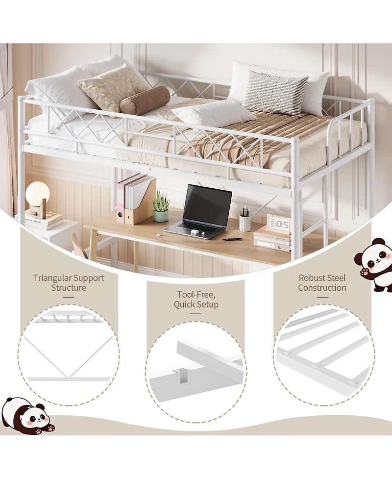Homfan Metal Loft Bed Frame with Guardrail, Flat Ladder Rungs and Underbed Space, Box Spring Not Required