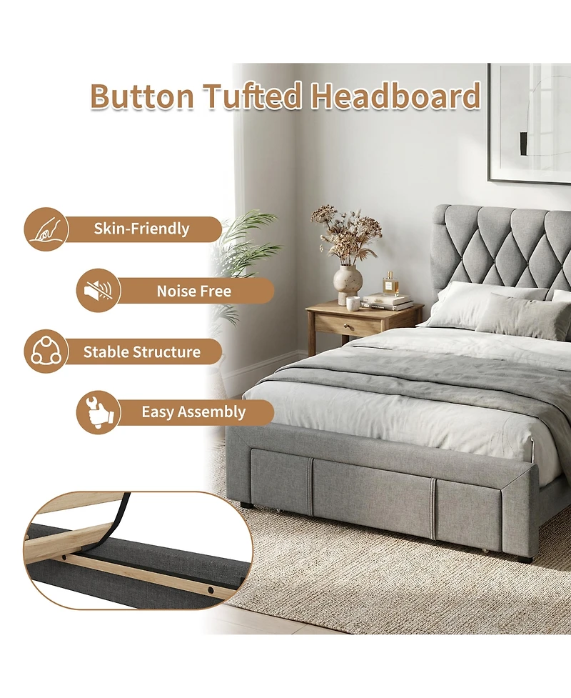 Homfan Upholstered Bed Frame with 2 Storage Drawers and Wood Slats