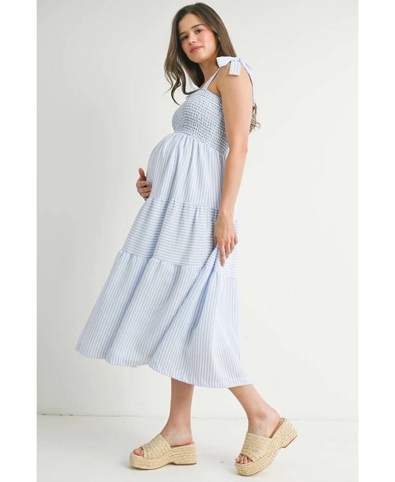 Hello Miz Maternity Striped Smocked Empire Waist Sundress with Tie Straps