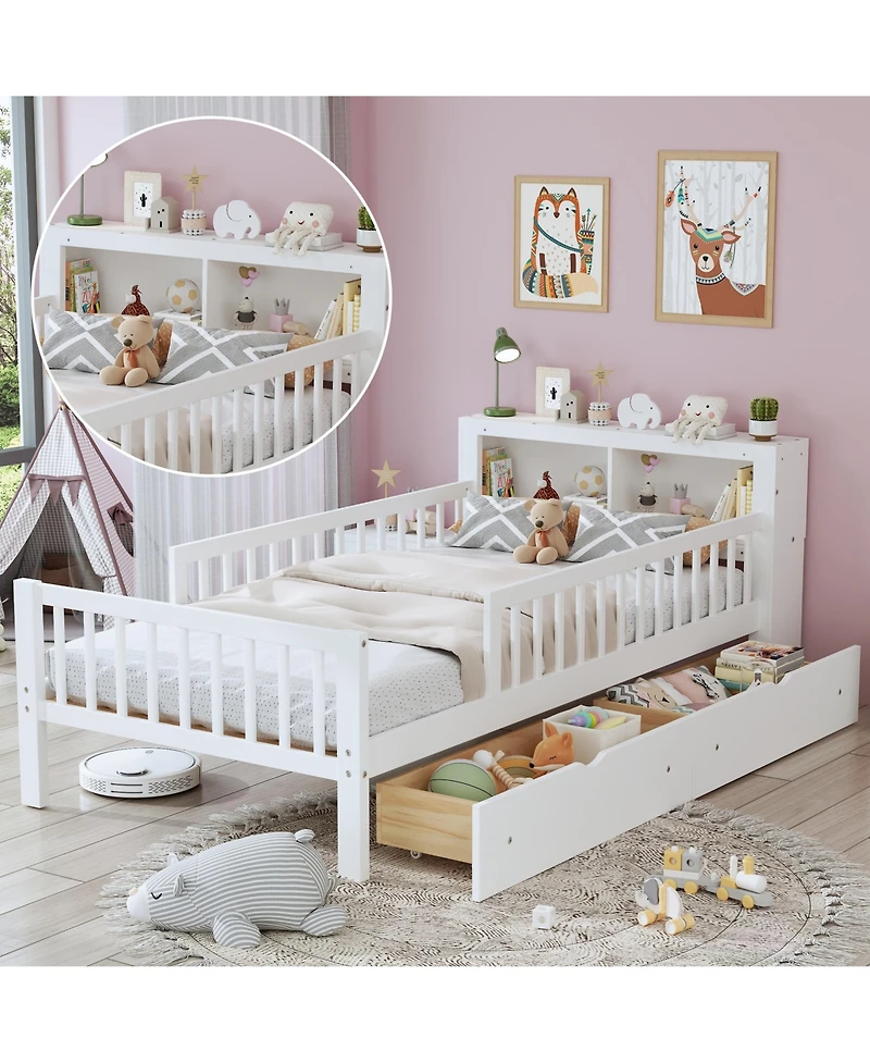 Rainsken Kids Twin Bed Frame, Wooden Platform with Headboard Storage Rack, 2 Under-Bed Drawers and 3-Side Guardrails for Bedroom
