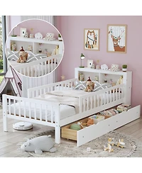 Rainsken Kids Twin Bed Frame, Wooden Platform with Headboard Storage Rack, 2 Under-Bed Drawers and 3-Side Guardrails for Bedroom