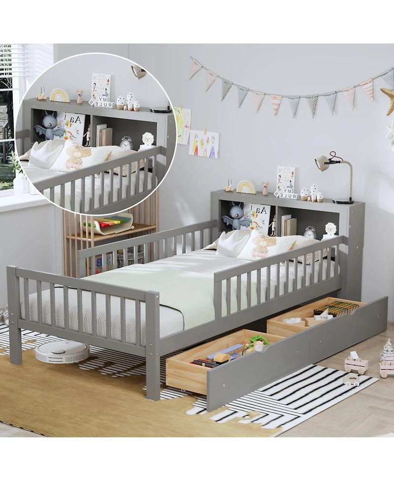 Rainsken Kids Twin Bed Frame, Wooden Platform with Headboard Storage Rack, 2 Under-Bed Drawers and 3-Side Guardrails for Bedroom