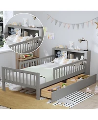 Rainsken Kids Twin Bed Frame, Wooden Platform with Headboard Storage Rack, 2 Under-Bed Drawers and 3-Side Guardrails for Bedroom